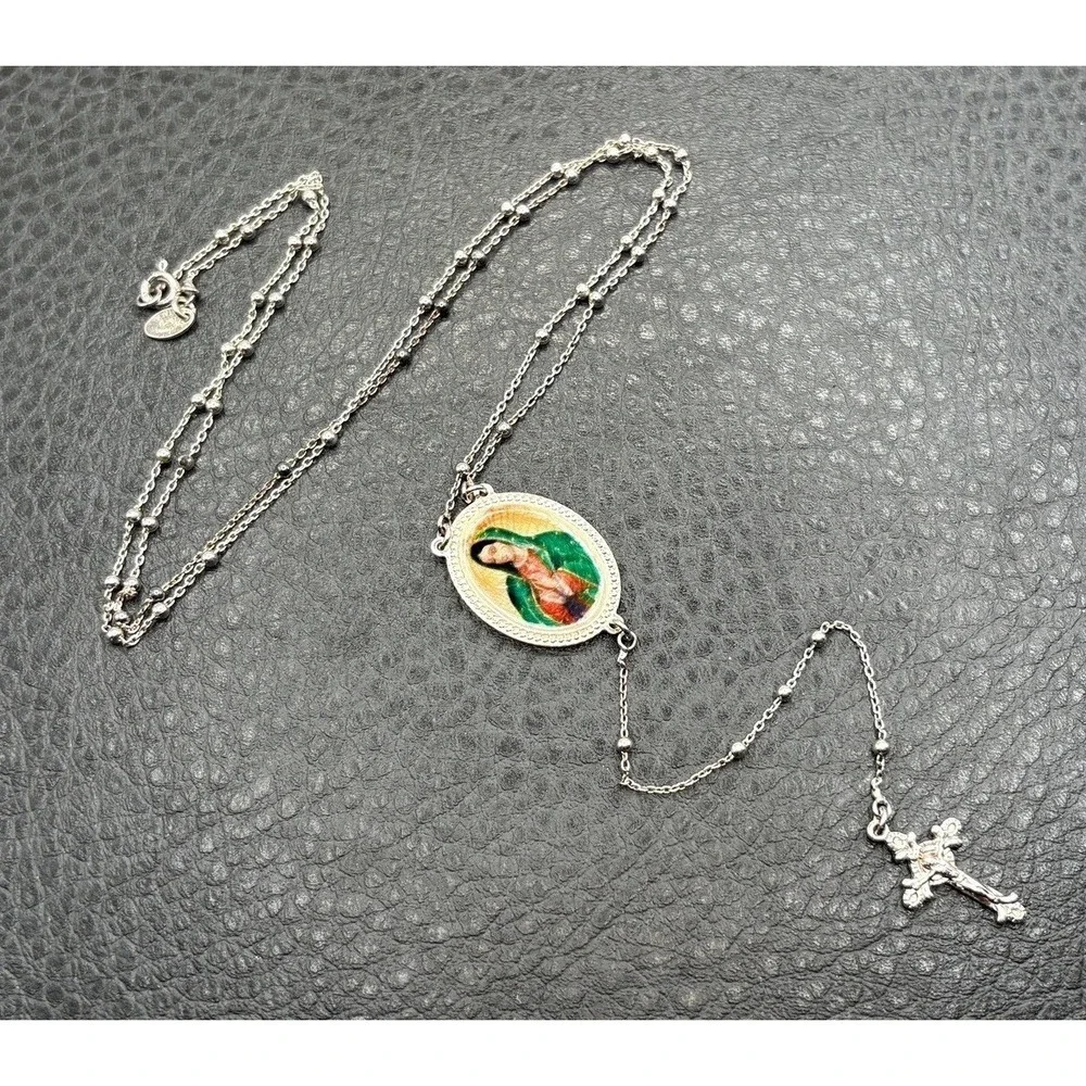 Vintage Dyadema Sterling Silver Rosary Enamel Mary Medal Necklace Pendant Cross